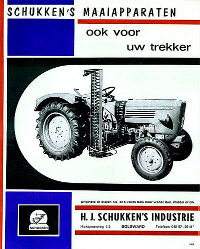 Een Schukken maaibalk aan een Guldner tractor